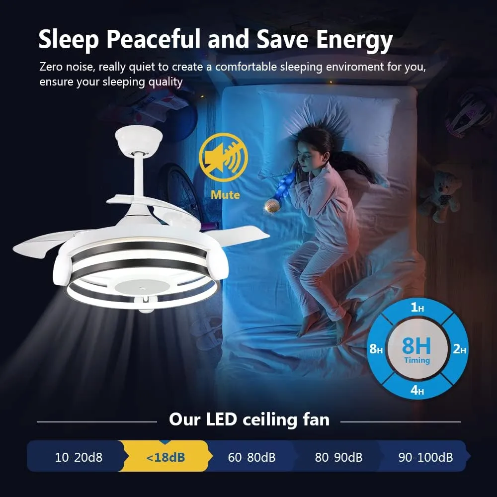 DLLT 35 Inch Retractable Ceiling Fan with Lights Remote Control, 30W LED Bladeless Modern Ceiling Fan for Kitchen, Bedroom, Living Room, Quiet Motor Fan, 3 Color Changeable, Timing, 3 Speed, FCC