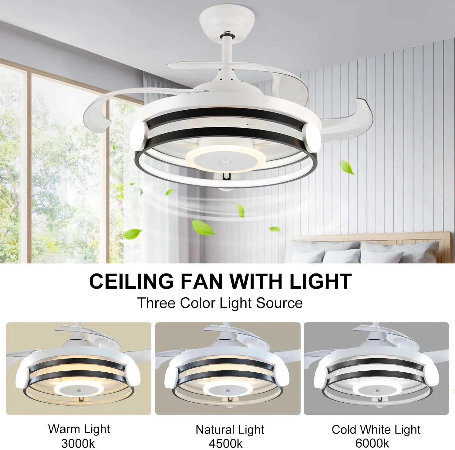 DLLT 35 Inch Retractable Ceiling Fan with Lights Remote Control, 30W LED Bladeless Modern Ceiling Fan for Kitchen, Bedroom, Living Room, Quiet Motor Fan, 3 Color Changeable, Timing, 3 Speed, FCC