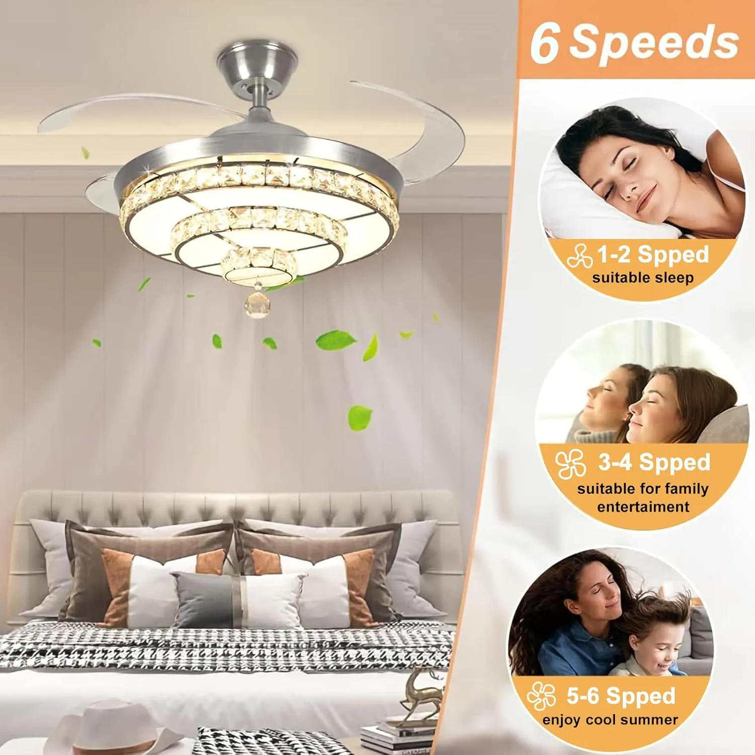 DLLT 42'' Crystal Ceiling Fan with Light, 36W Modern Ceiling Fan Remote, 3-Blade Retractable LED Fan Chandelier Indoor for Living Room, Bedroom, Dining Room, Color Changeable 3000K-6000K Nickel