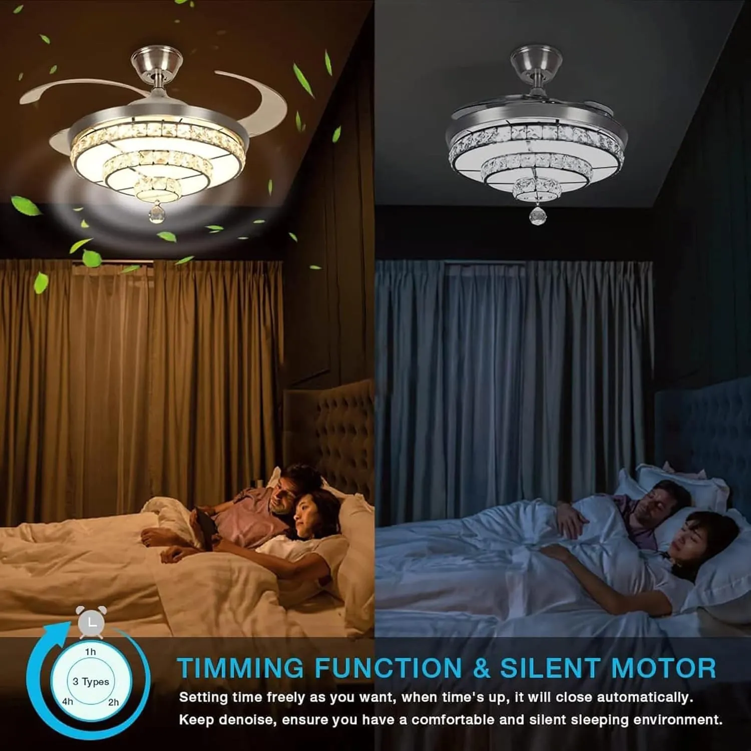 DLLT 42'' Crystal Ceiling Fan with Light, 36W Modern Ceiling Fan Remote, 3-Blade Retractable LED Fan Chandelier Indoor for Living Room, Bedroom, Dining Room, Color Changeable 3000K-6000K Nickel
