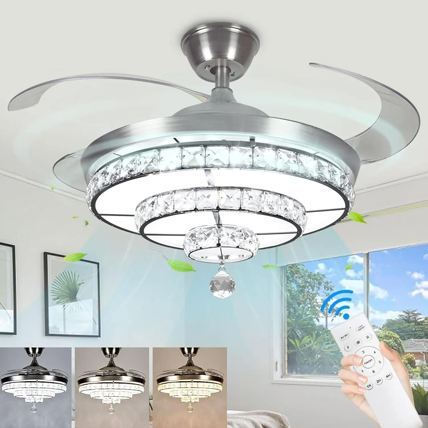 DLLT 42'' Crystal Ceiling Fan with Light, 36W Modern Ceiling Fan Remote, 3-Blade Retractable LED Fan Chandelier Indoor for Living Room, Bedroom, Dining Room, Color Changeable 3000K-6000K Nickel App-controlled remote fan for convenience