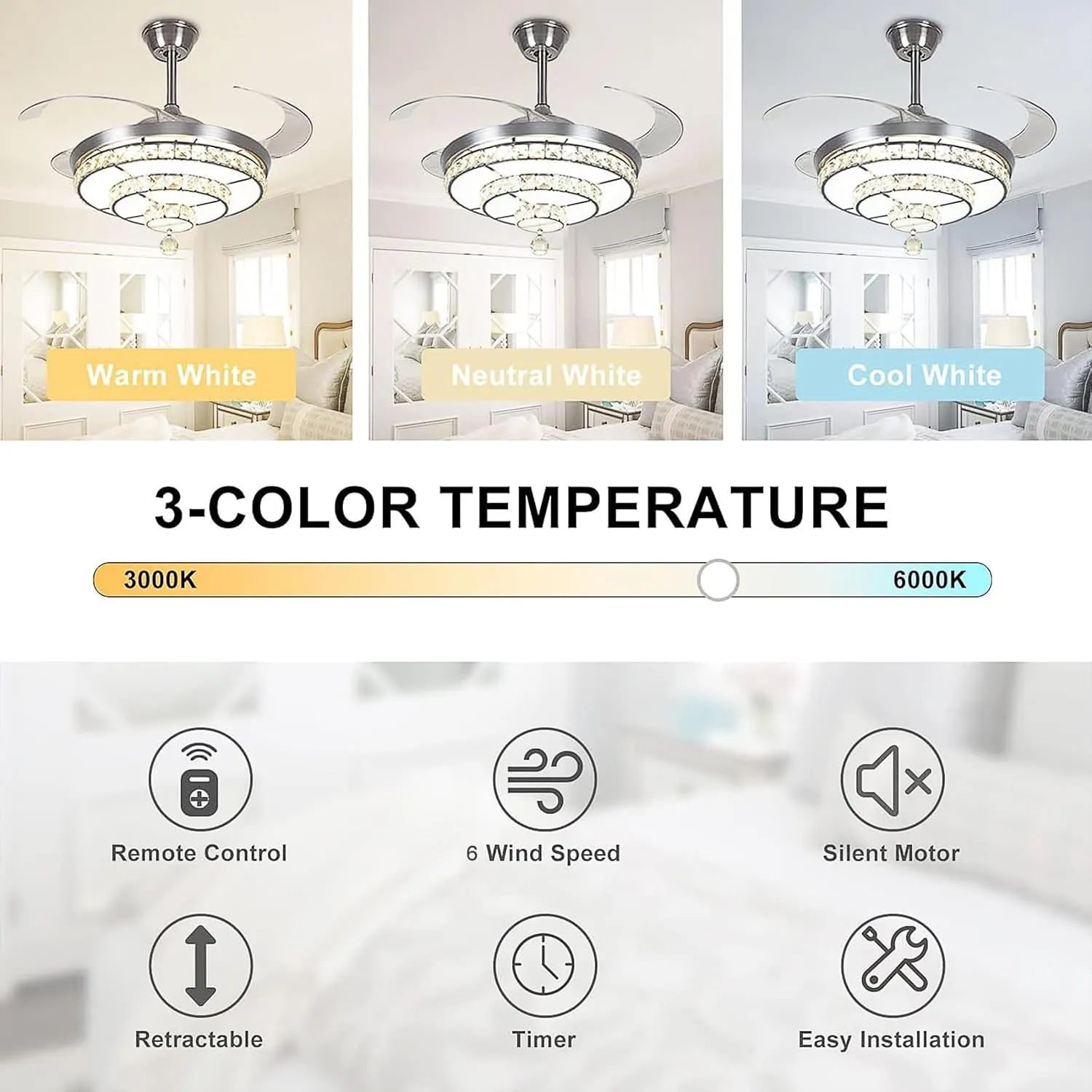 DLLT 42'' Crystal Ceiling Fan with Light, 36W Modern Ceiling Fan Remote, 3-Blade Retractable LED Fan Chandelier Indoor for Living Room, Bedroom, Dining Room, Color Changeable 3000K-6000K Nickel