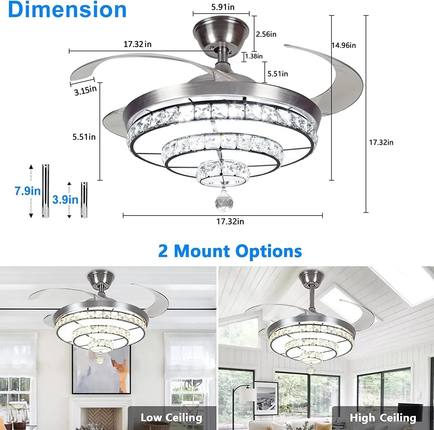 DLLT 42'' Crystal Ceiling Fan with Light, 36W Modern Ceiling Fan Remote, 3-Blade Retractable LED Fan Chandelier Indoor for Living Room, Bedroom, Dining Room, Color Changeable 3000K-6000K Nickel