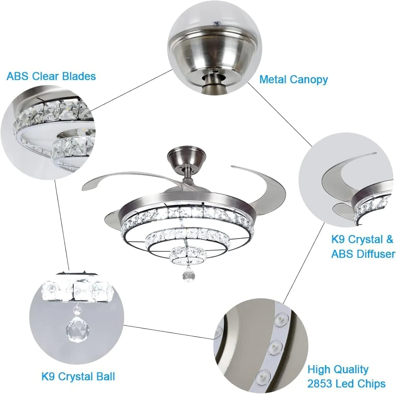 DLLT 42'' Crystal Ceiling Fan with Light, 36W Modern Ceiling Fan Remote, 3-Blade Retractable LED Fan Chandelier Indoor for Living Room, Bedroom, Dining Room, Color Changeable 3000K-6000K Nickel