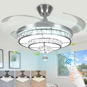 DLLT 42'' Crystal Ceiling Fan with Light, 36W Modern Ceiling Fan Remote, 3-Blade Retractable LED Fan Chandelier Indoor for Living Room, Bedroom, Dining Room, Color Changeable 3000K-6000K Nickel App-controlled remote fan for convenience