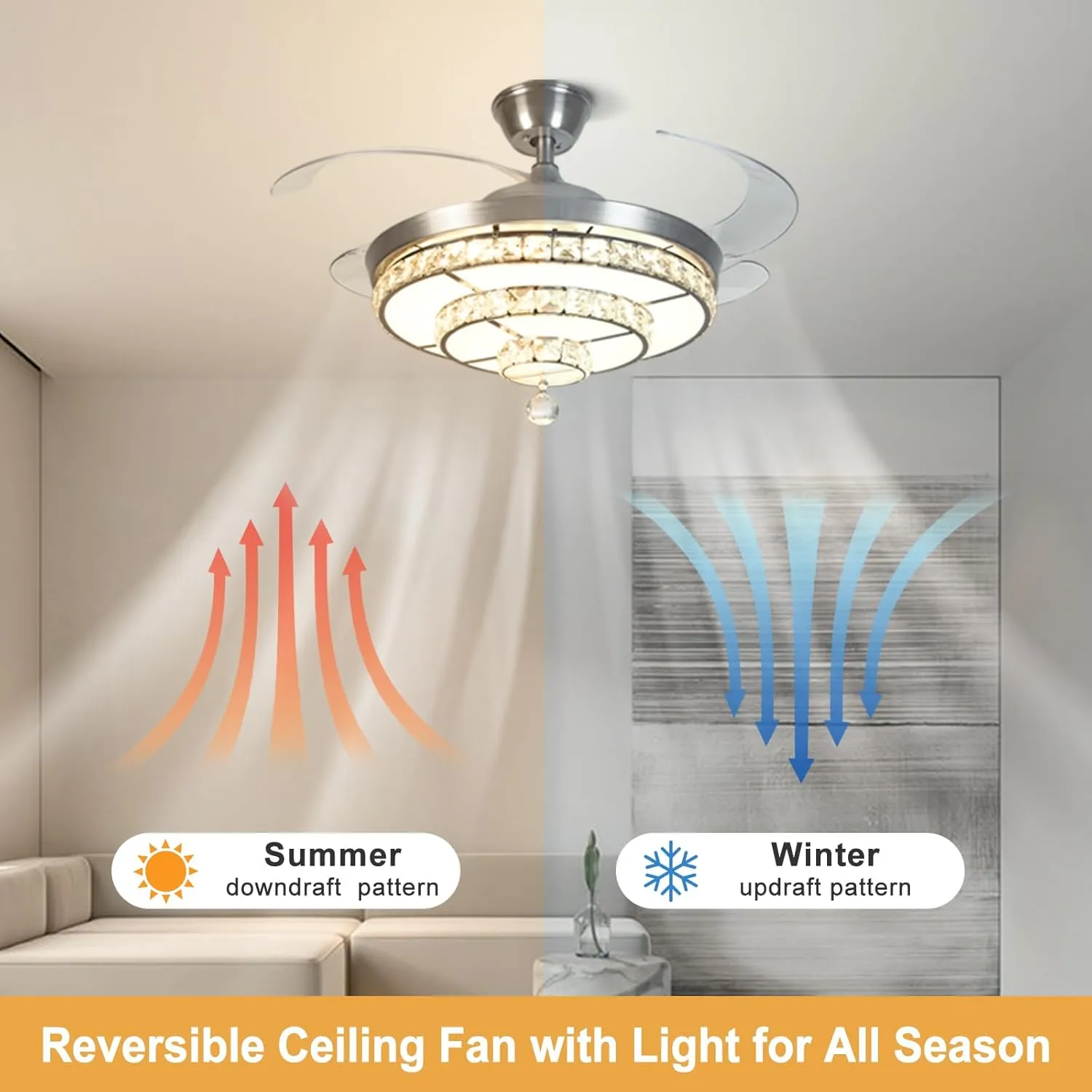 DLLT 42'' Crystal Ceiling Fan with Light, 36W Modern Ceiling Fan Remote, 3-Blade Retractable LED Fan Chandelier Indoor for Living Room, Bedroom, Dining Room, Color Changeable 3000K-6000K Nickel