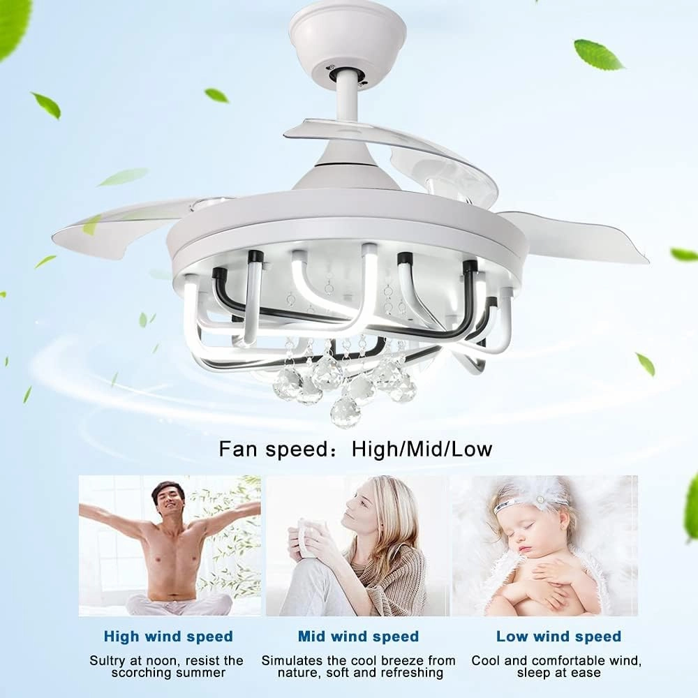 DLLT 40W Ceiling Fan with LED Lights, 42 Inch Modern Chandelier Ceiling Fan Remote, 3-Blade Retractable Flush Mount Ceiling Fans Light for Bedroom, Living Room, Kitchen, 3 Color Changeable, Timing FCC