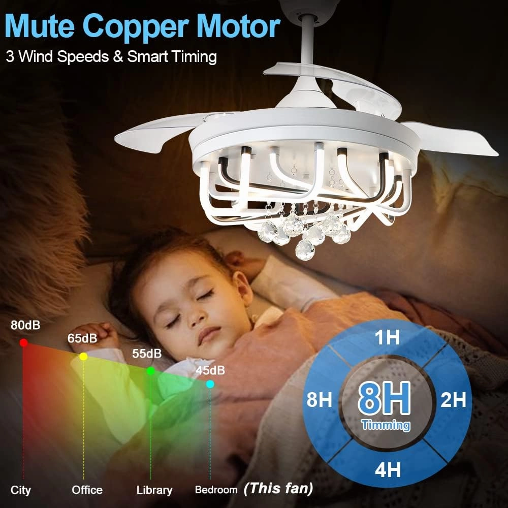 DLLT 40W Ceiling Fan with LED Lights, 42 Inch Modern Chandelier Ceiling Fan Remote, 3-Blade Retractable Flush Mount Ceiling Fans Light for Bedroom, Living Room, Kitchen, 3 Color Changeable, Timing FCC