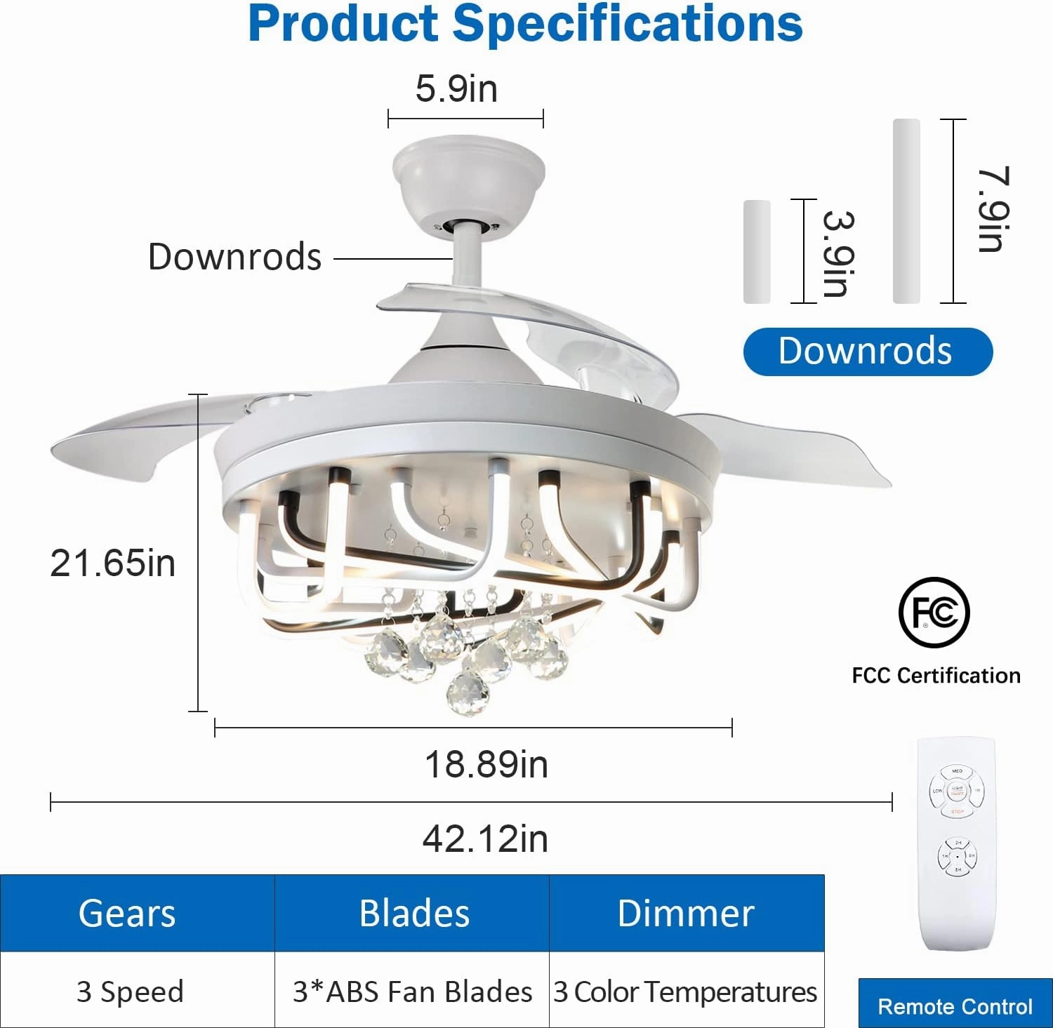 DLLT 40W Ceiling Fan with LED Lights, 42 Inch Modern Chandelier Ceiling Fan Remote, 3-Blade Retractable Flush Mount Ceiling Fans Light for Bedroom, Living Room, Kitchen, 3 Color Changeable, Timing FCC