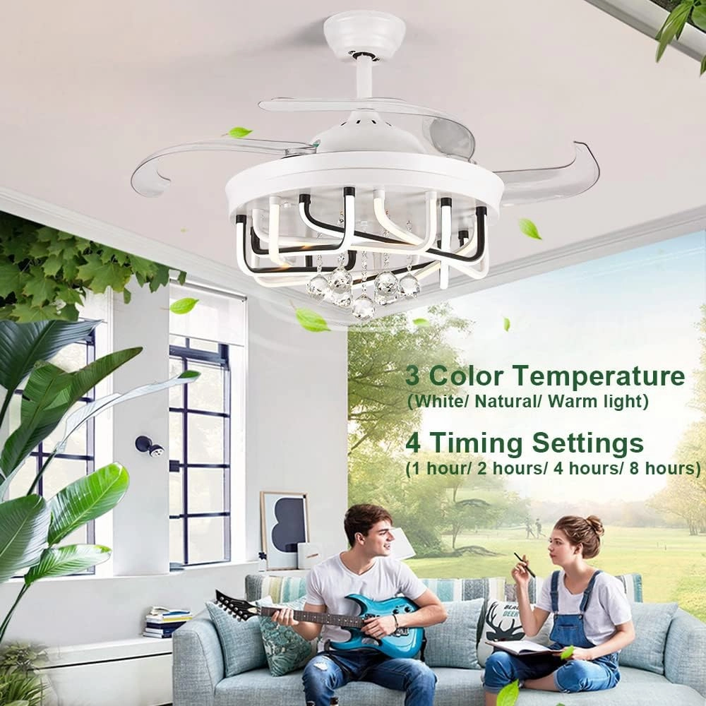 DLLT 40W Ceiling Fan with LED Lights, 42 Inch Modern Chandelier Ceiling Fan Remote, 3-Blade Retractable Flush Mount Ceiling Fans Light for Bedroom, Living Room, Kitchen, 3 Color Changeable, Timing FCC