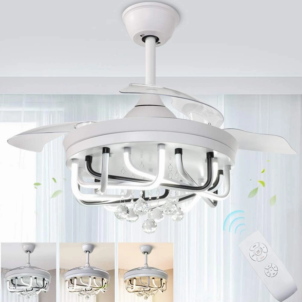 DLLT 40W Ceiling Fan with LED Lights, 42 Inch Modern Chandelier Ceiling Fan Remote, 3-Blade Retractable Flush Mount Ceiling Fans Light for Bedroom, Living Room, Kitchen, 3 Color Changeable, Timing FCC