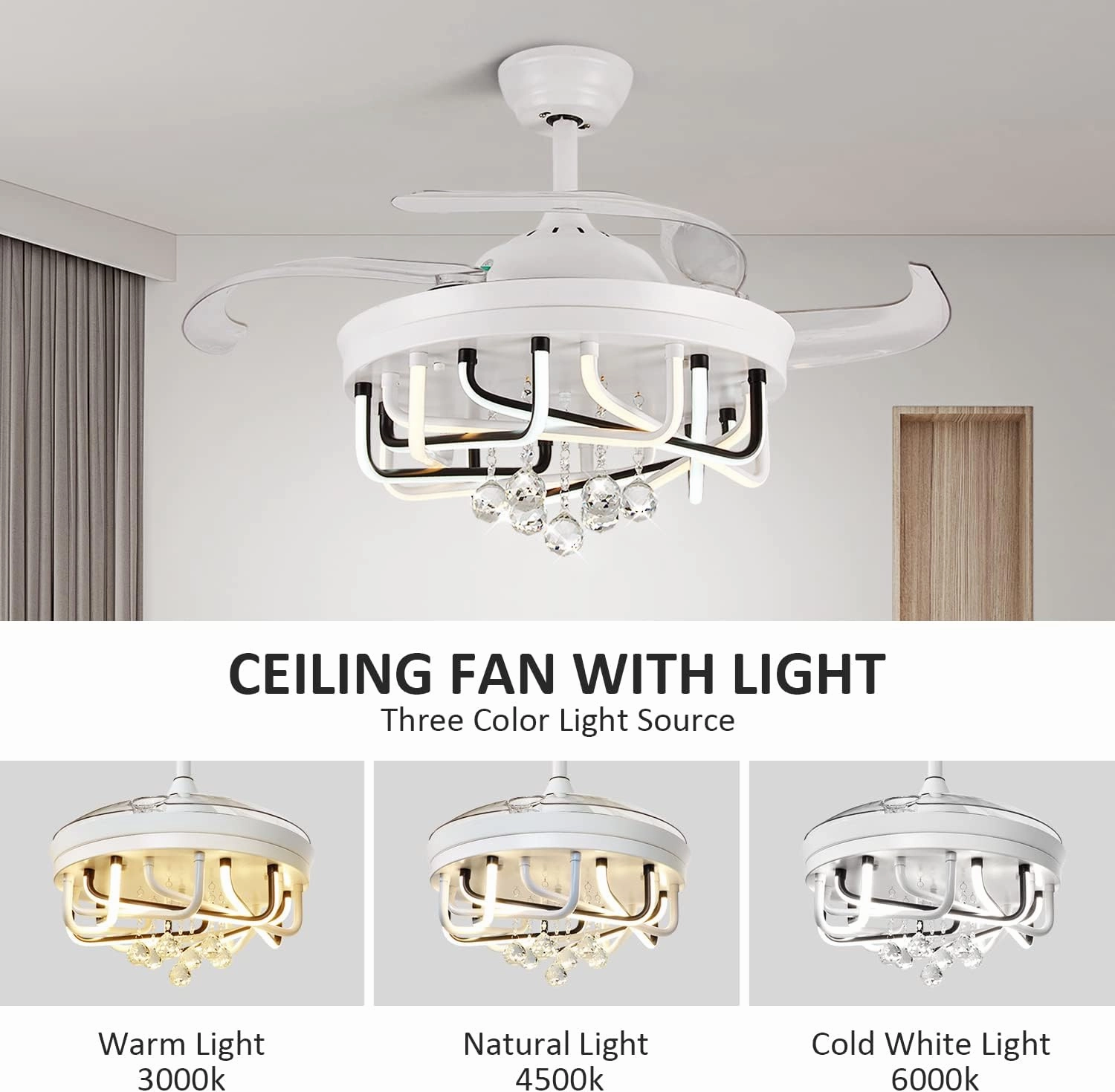 DLLT 40W Ceiling Fan with LED Lights, 42 Inch Modern Chandelier Ceiling Fan Remote, 3-Blade Retractable Flush Mount Ceiling Fans Light for Bedroom, Living Room, Kitchen, 3 Color Changeable, Timing FCC