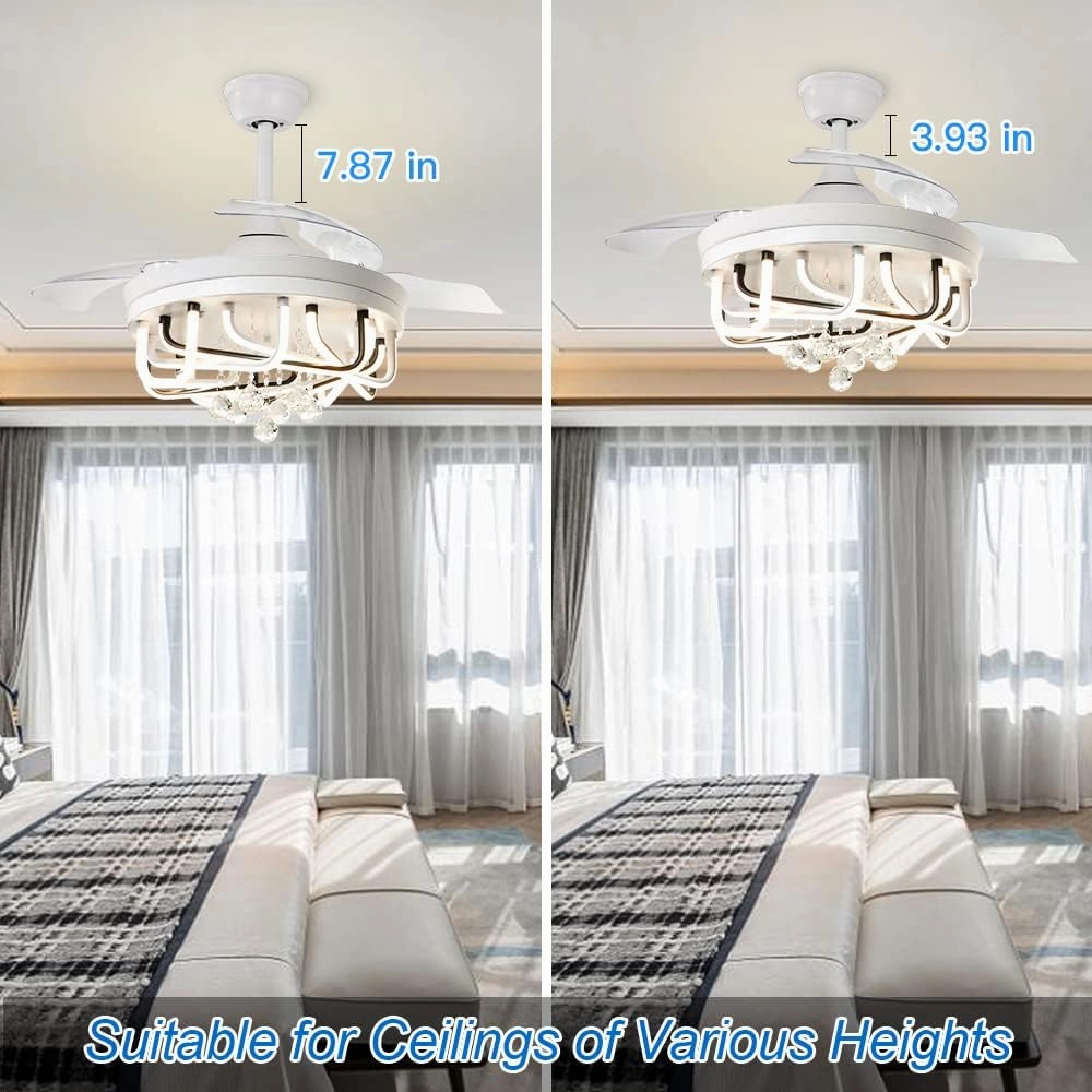 DLLT 40W Ceiling Fan with LED Lights, 42 Inch Modern Chandelier Ceiling Fan Remote, 3-Blade Retractable Flush Mount Ceiling Fans Light for Bedroom, Living Room, Kitchen, 3 Color Changeable, Timing FCC