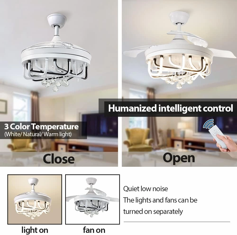 DLLT 40W Ceiling Fan with LED Lights, 42 Inch Modern Chandelier Ceiling Fan Remote, 3-Blade Retractable Flush Mount Ceiling Fans Light for Bedroom, Living Room, Kitchen, 3 Color Changeable, Timing FCC