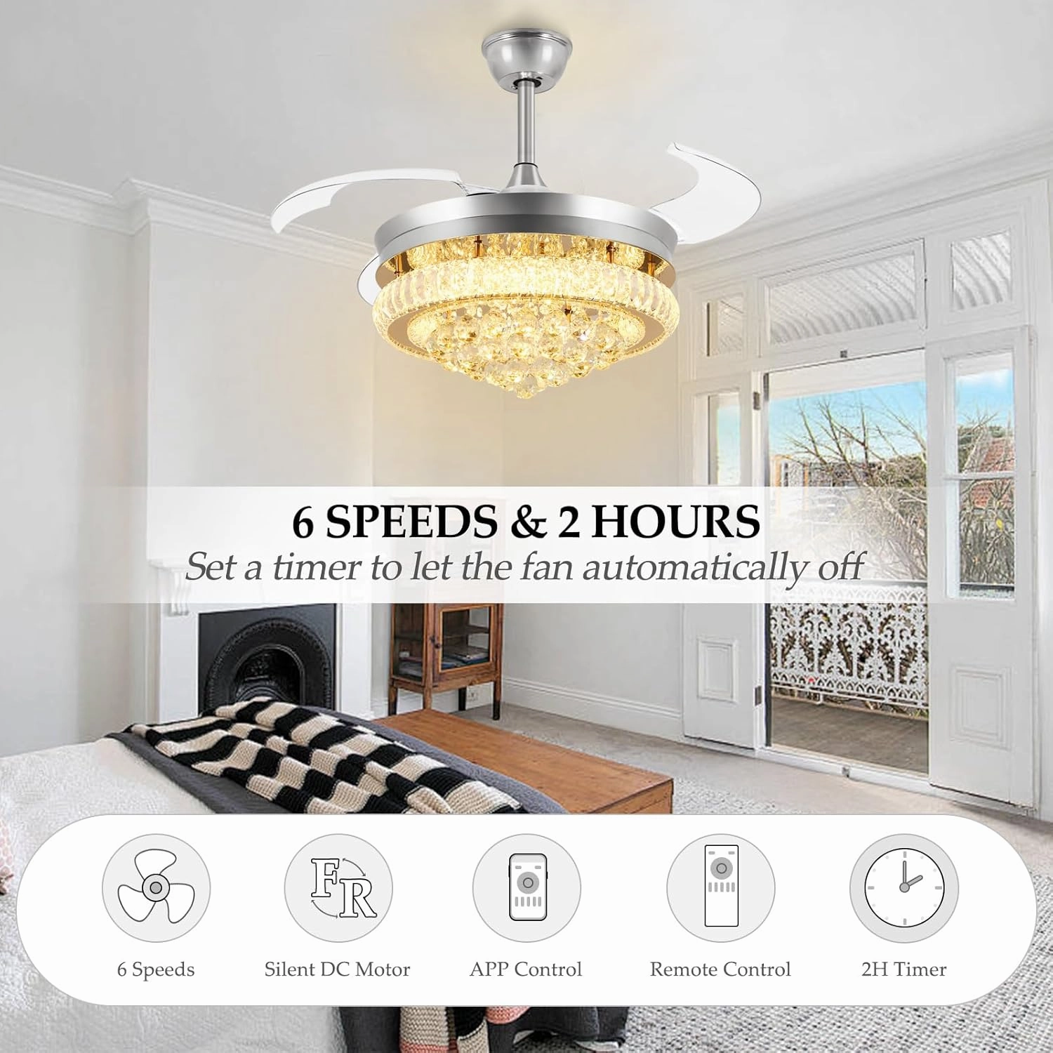 DLLT 42" Chandelier Crystal Ceiling Fan with Light, Modern Dimmable Fandelier Ceiling Fans with Remote/APP Control, Chrome Retractable Blades Ceiling Fan Light for Bedroom, 6 Speeds and 3 Color Change