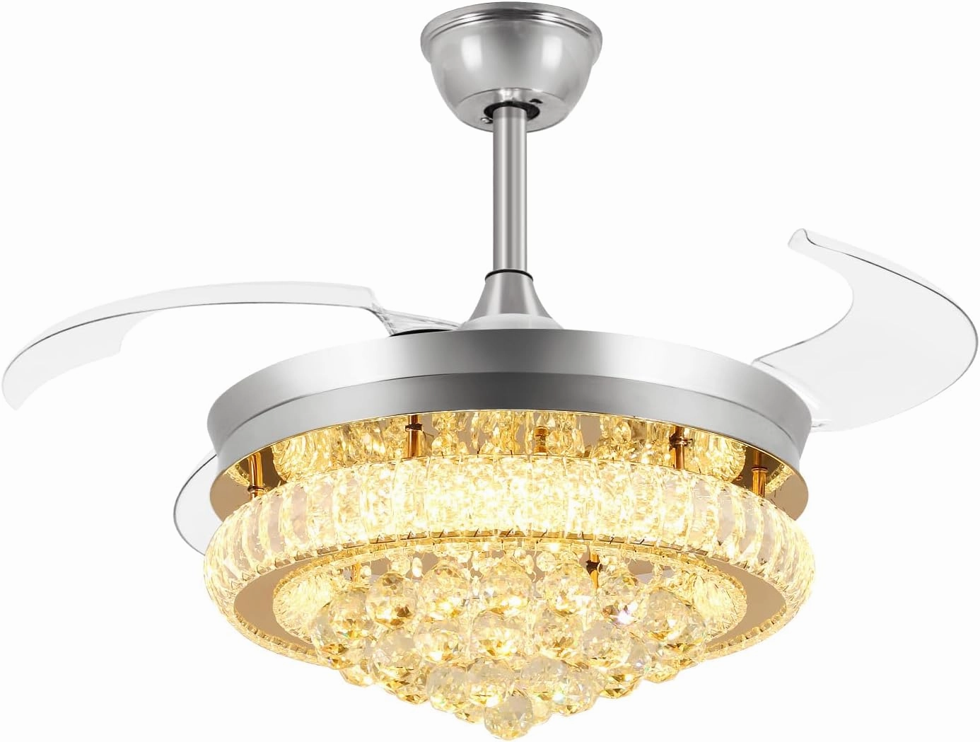 DLLT 42" Chandelier Crystal Ceiling Fan with Light, Modern Dimmable Fandelier Ceiling Fans with Remote/APP Control, Chrome Retractable Blades Ceiling Fan Light for Bedroom, 6 Speeds and 3 Color Change