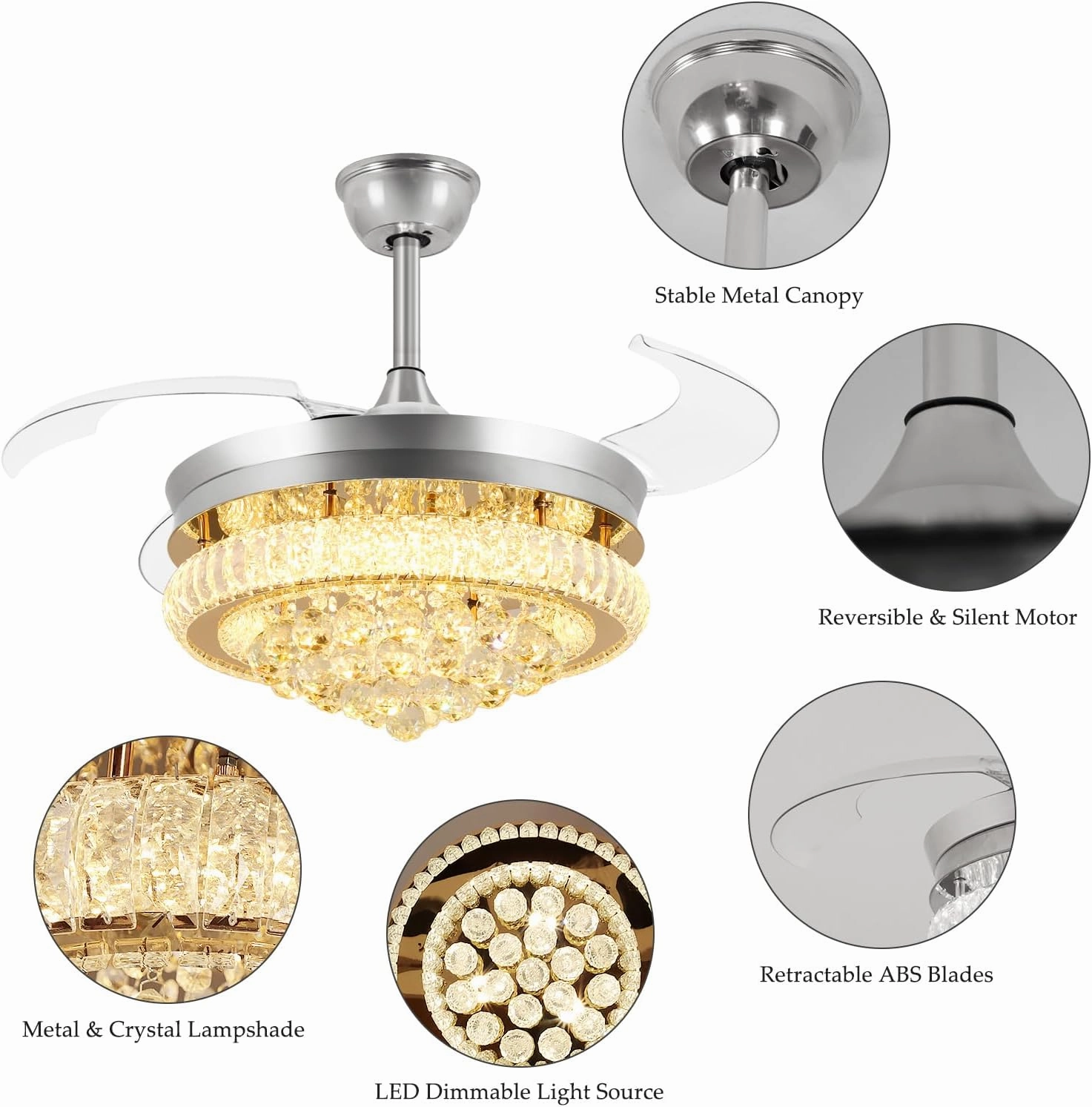 DLLT 42" Chandelier Crystal Ceiling Fan with Light, Modern Dimmable Fandelier Ceiling Fans with Remote/APP Control, Chrome Retractable Blades Ceiling Fan Light for Bedroom, 6 Speeds and 3 Color Change