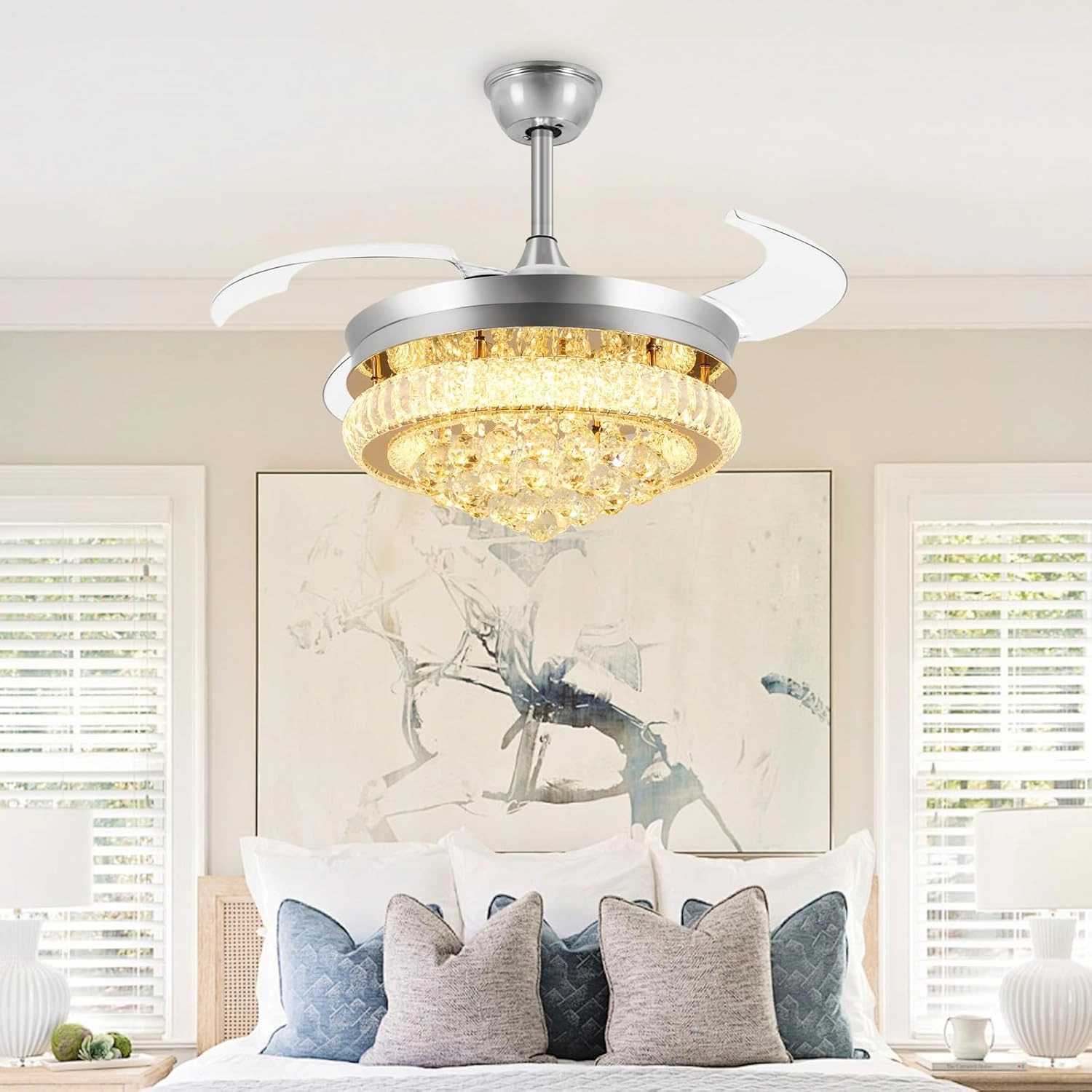 DLLT 42" Chandelier Crystal Ceiling Fan with Light, Modern Dimmable Fandelier Ceiling Fans with Remote/APP Control, Chrome Retractable Blades Ceiling Fan Light for Bedroom, 6 Speeds and 3 Color Change