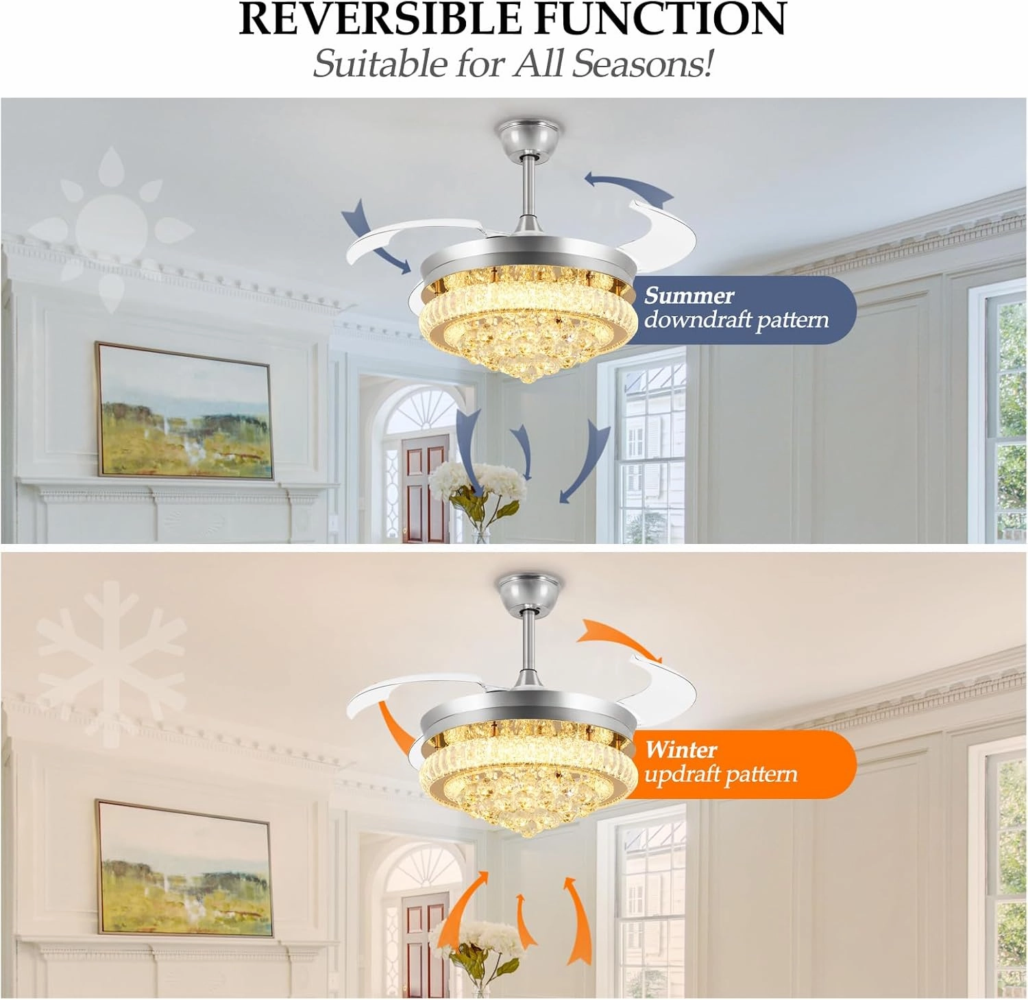 DLLT 42" Chandelier Crystal Ceiling Fan with Light, Modern Dimmable Fandelier Ceiling Fans with Remote/APP Control, Chrome Retractable Blades Ceiling Fan Light for Bedroom, 6 Speeds and 3 Color Change