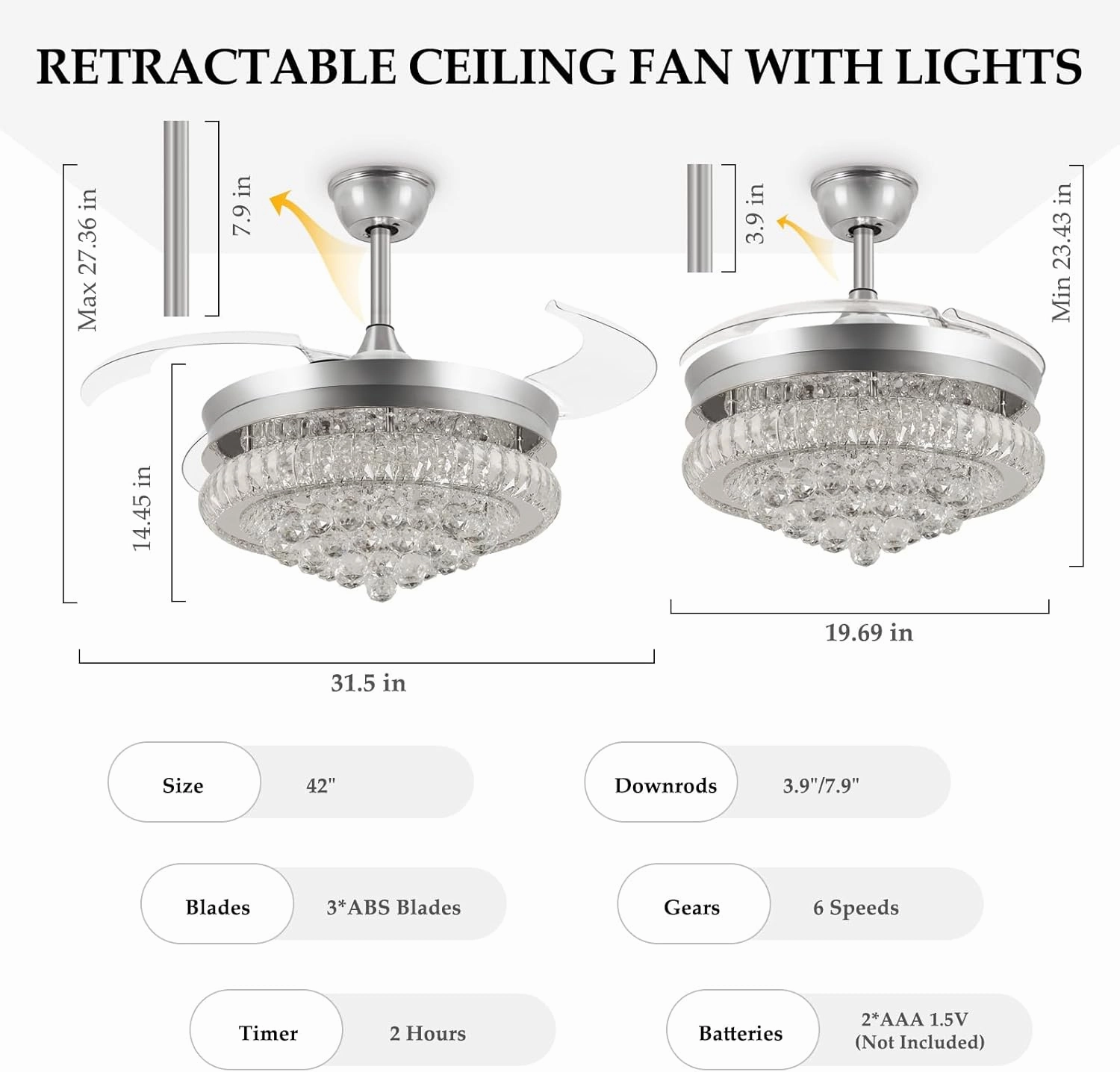 DLLT 42" Chandelier Crystal Ceiling Fan with Light, Modern Dimmable Fandelier Ceiling Fans with Remote/APP Control, Chrome Retractable Blades Ceiling Fan Light for Bedroom, 6 Speeds and 3 Color Change