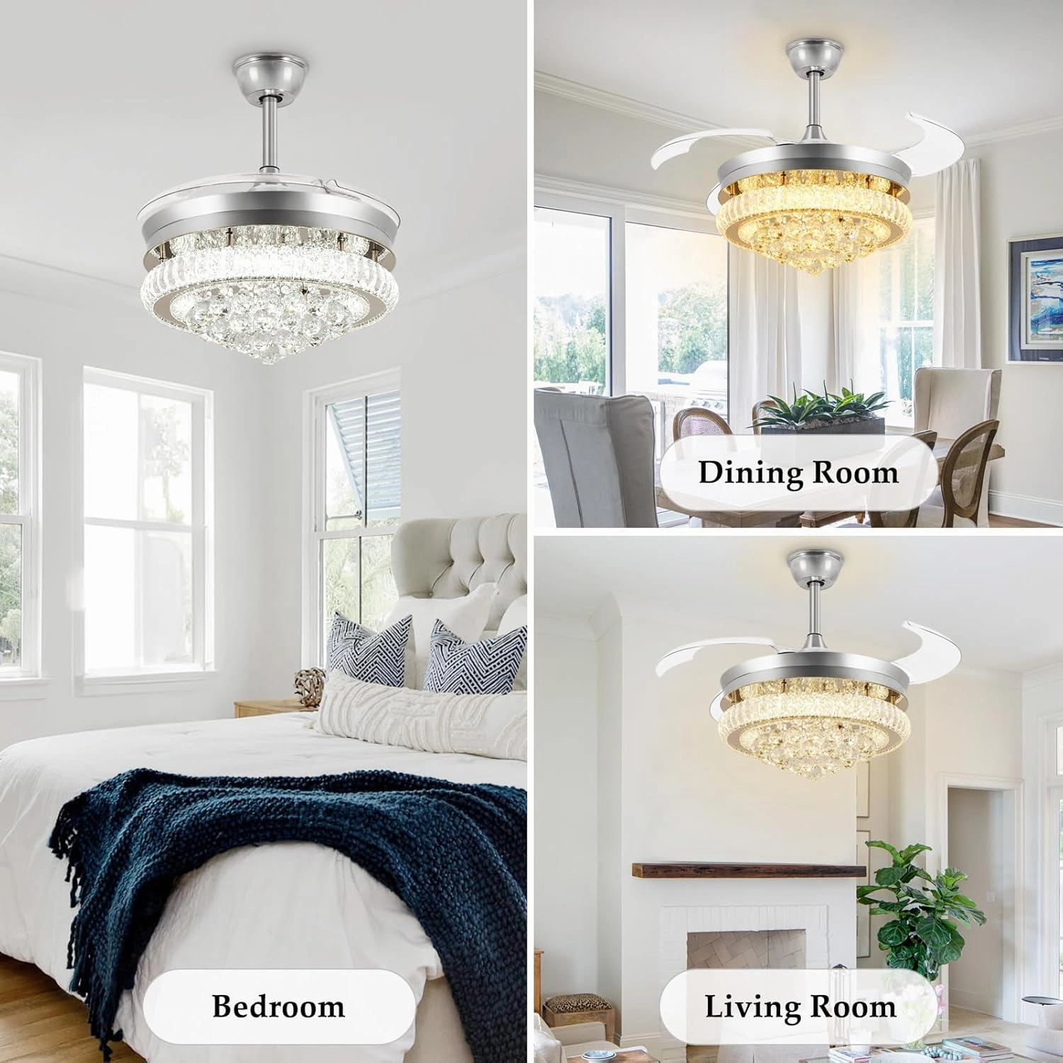 DLLT 42" Chandelier Crystal Ceiling Fan with Light, Modern Dimmable Fandelier Ceiling Fans with Remote/APP Control, Chrome Retractable Blades Ceiling Fan Light for Bedroom, 6 Speeds and 3 Color Change