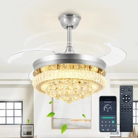 DLLT 42" Chandelier Crystal Ceiling Fan with Light, Modern Dimmable Fandelier Ceiling Fans with Remote/APP Control, Chrome Retractable Blades Ceiling Fan Light for Bedroom, 6 Speeds and 3 Color Change App-controlled remote fan for convenience