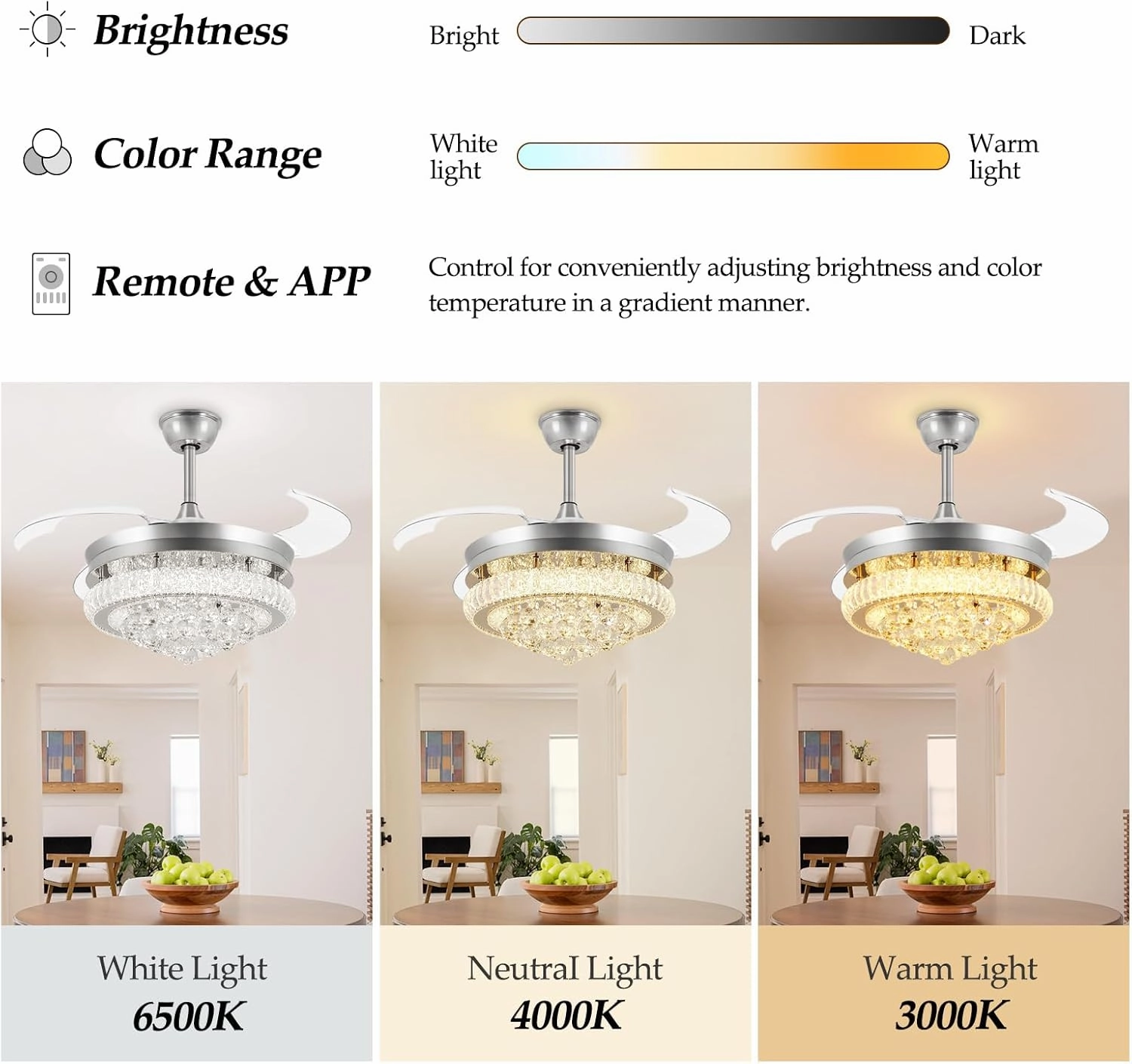 DLLT 42" Chandelier Crystal Ceiling Fan with Light, Modern Dimmable Fandelier Ceiling Fans with Remote/APP Control, Chrome Retractable Blades Ceiling Fan Light for Bedroom, 6 Speeds and 3 Color Change
