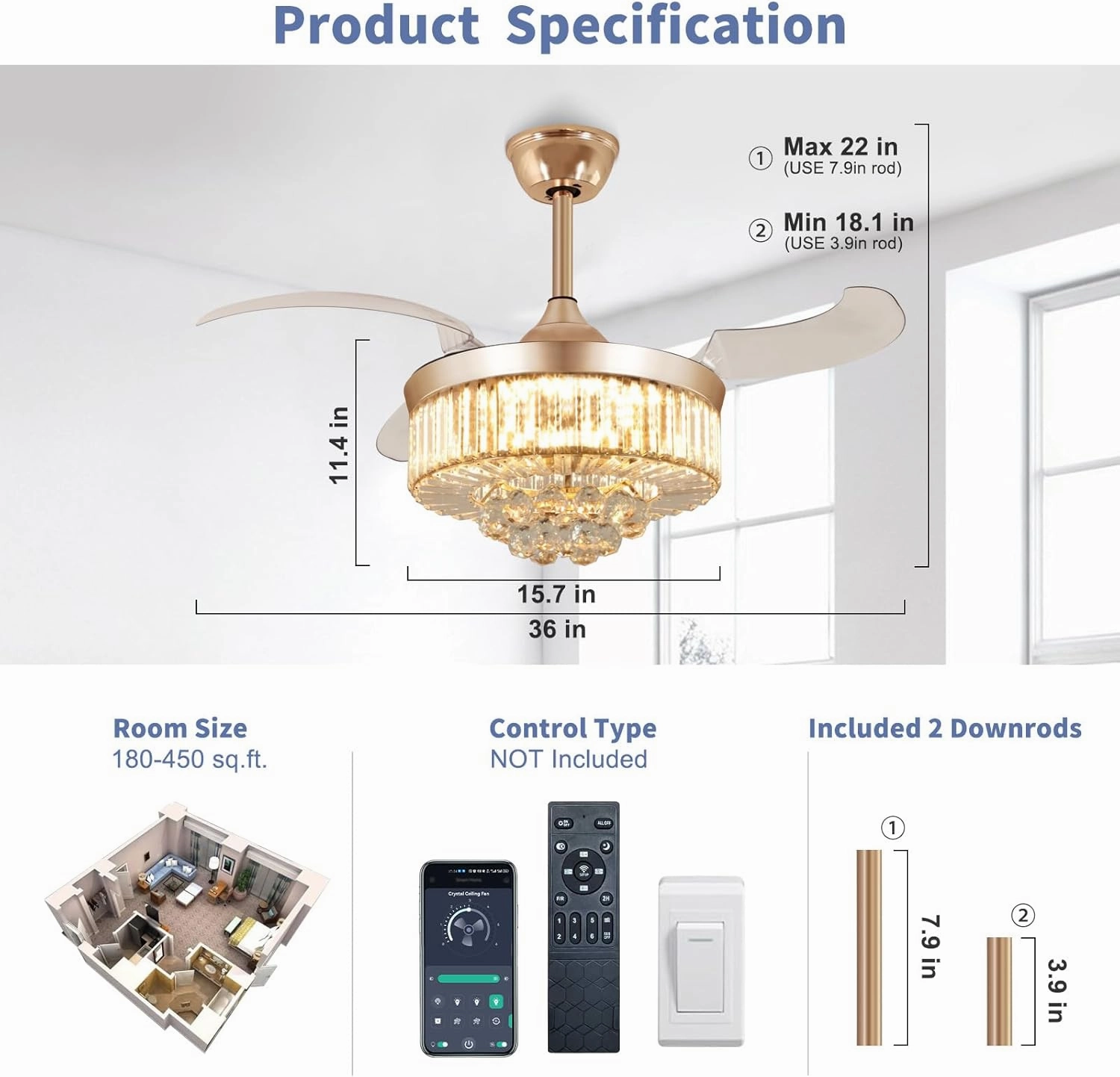 DLLT Modern Ceiling Fans with Lights and Remote, 36" Gold Reversible Fandelier Crystal Ceiling Fans, Retractable Blades for Living Room, Bedroom, Stepless Color Temperature Change and 6 Speeds