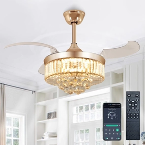 DLLT Modern Ceiling Fans with Lights and Remote, 36" Gold Reversible Fandelier Crystal Ceiling Fans, Retractable Blades for Living Room, Bedroom, Stepless Color Temperature Change and 6 Speeds App-controlled remote fan for convenience