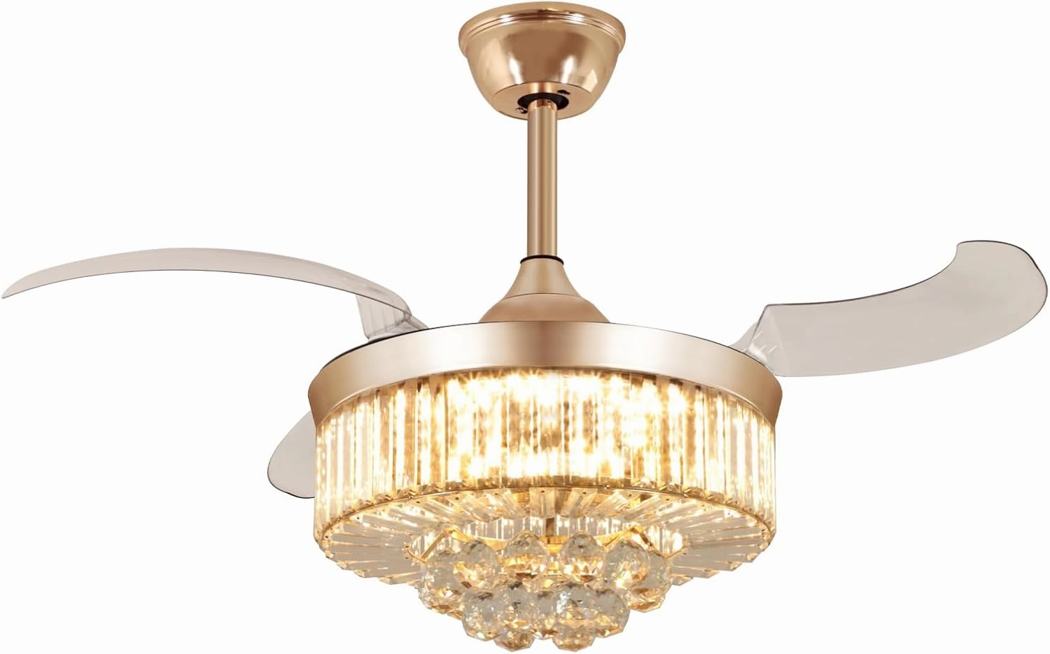 DLLT Modern Ceiling Fans with Lights and Remote, 36" Gold Reversible Fandelier Crystal Ceiling Fans, Retractable Blades for Living Room, Bedroom, Stepless Color Temperature Change and 6 Speeds