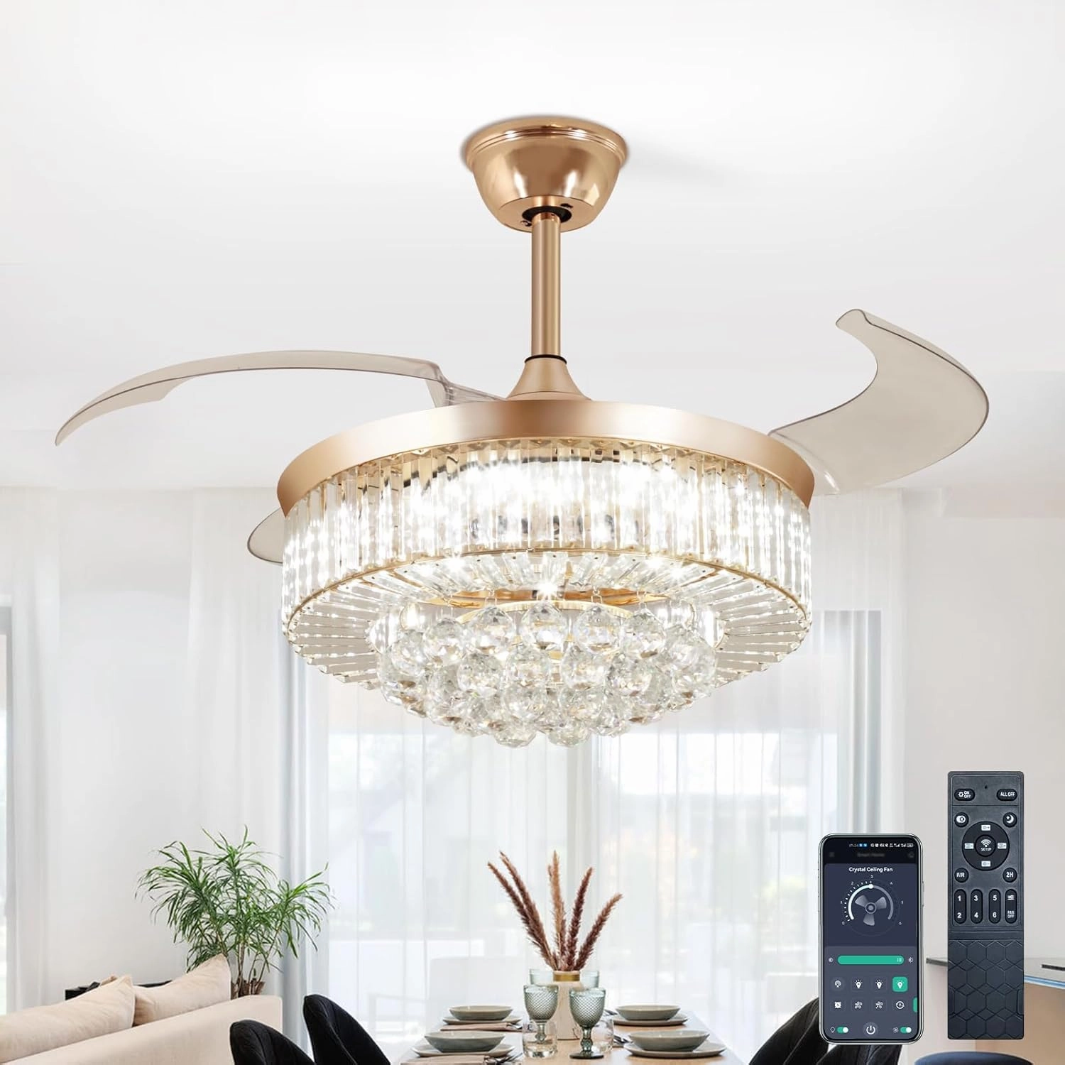 DLLT Modern Ceiling Fans with Lights and Remote, 36" Gold Reversible Fandelier Crystal Ceiling Fans, Retractable Blades for Living Room, Bedroom, Stepless Color Temperature Change and 6 Speeds