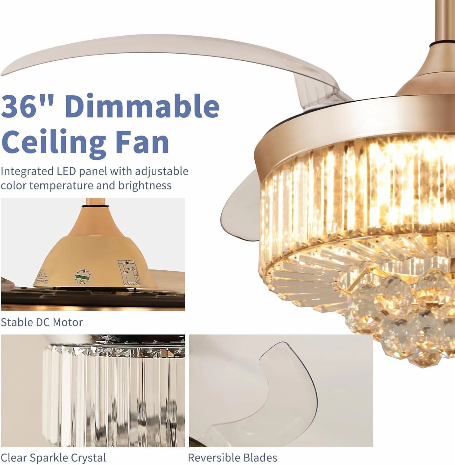 DLLT Modern Ceiling Fans with Lights and Remote, 36" Gold Reversible Fandelier Crystal Ceiling Fans, Retractable Blades for Living Room, Bedroom, Stepless Color Temperature Change and 6 Speeds