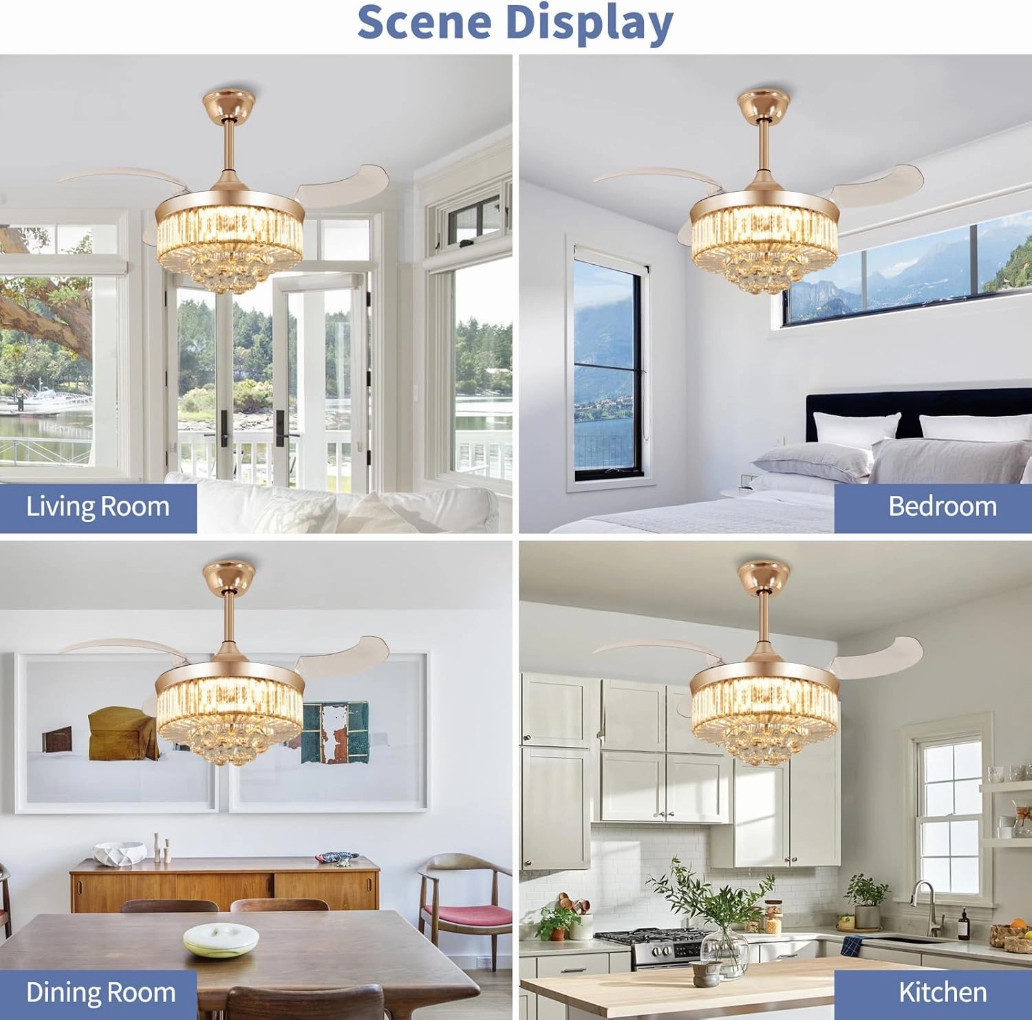 DLLT Modern Ceiling Fans with Lights and Remote, 36" Gold Reversible Fandelier Crystal Ceiling Fans, Retractable Blades for Living Room, Bedroom, Stepless Color Temperature Change and 6 Speeds