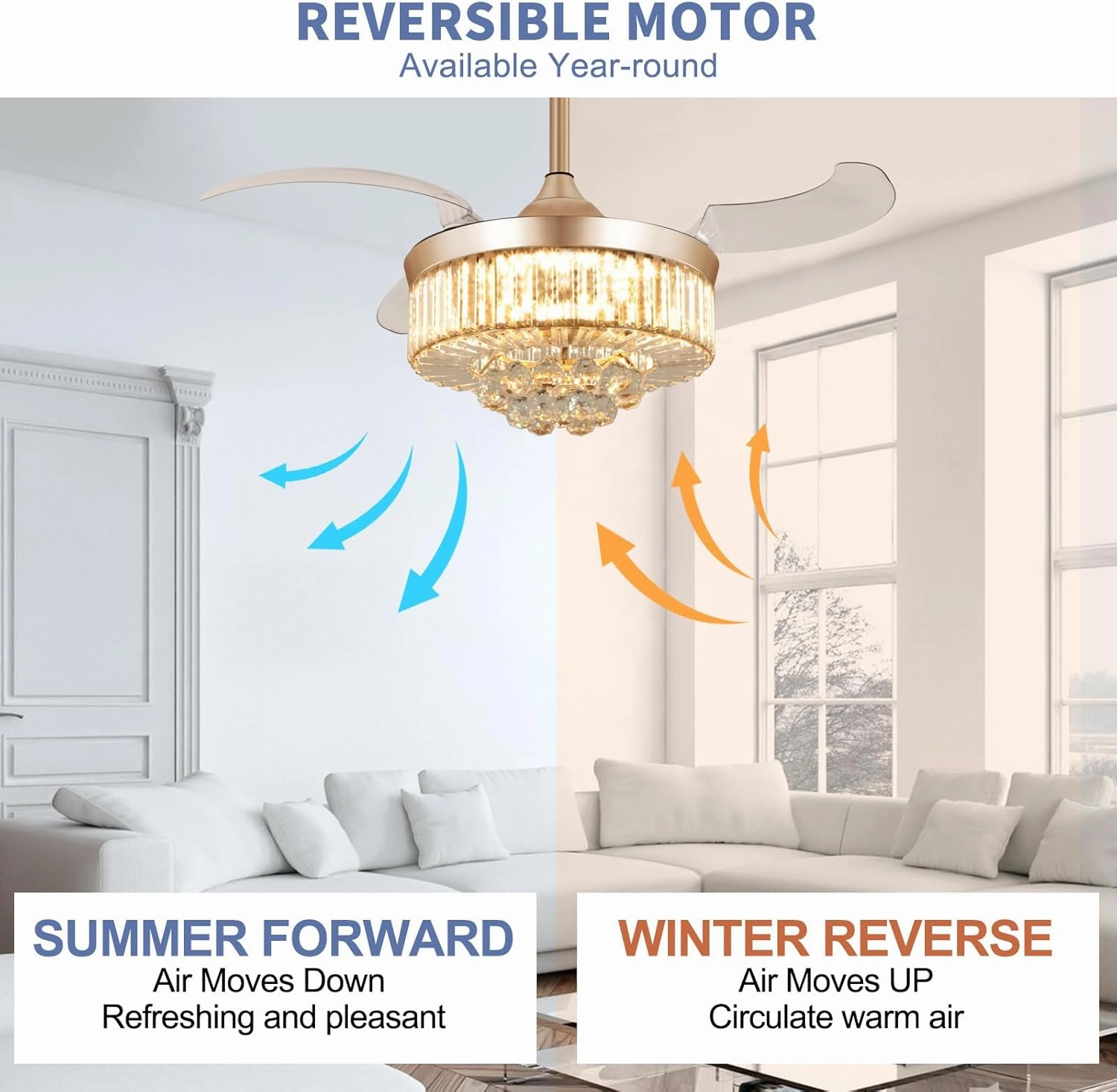DLLT Modern Ceiling Fans with Lights and Remote, 36" Gold Reversible Fandelier Crystal Ceiling Fans, Retractable Blades for Living Room, Bedroom, Stepless Color Temperature Change and 6 Speeds