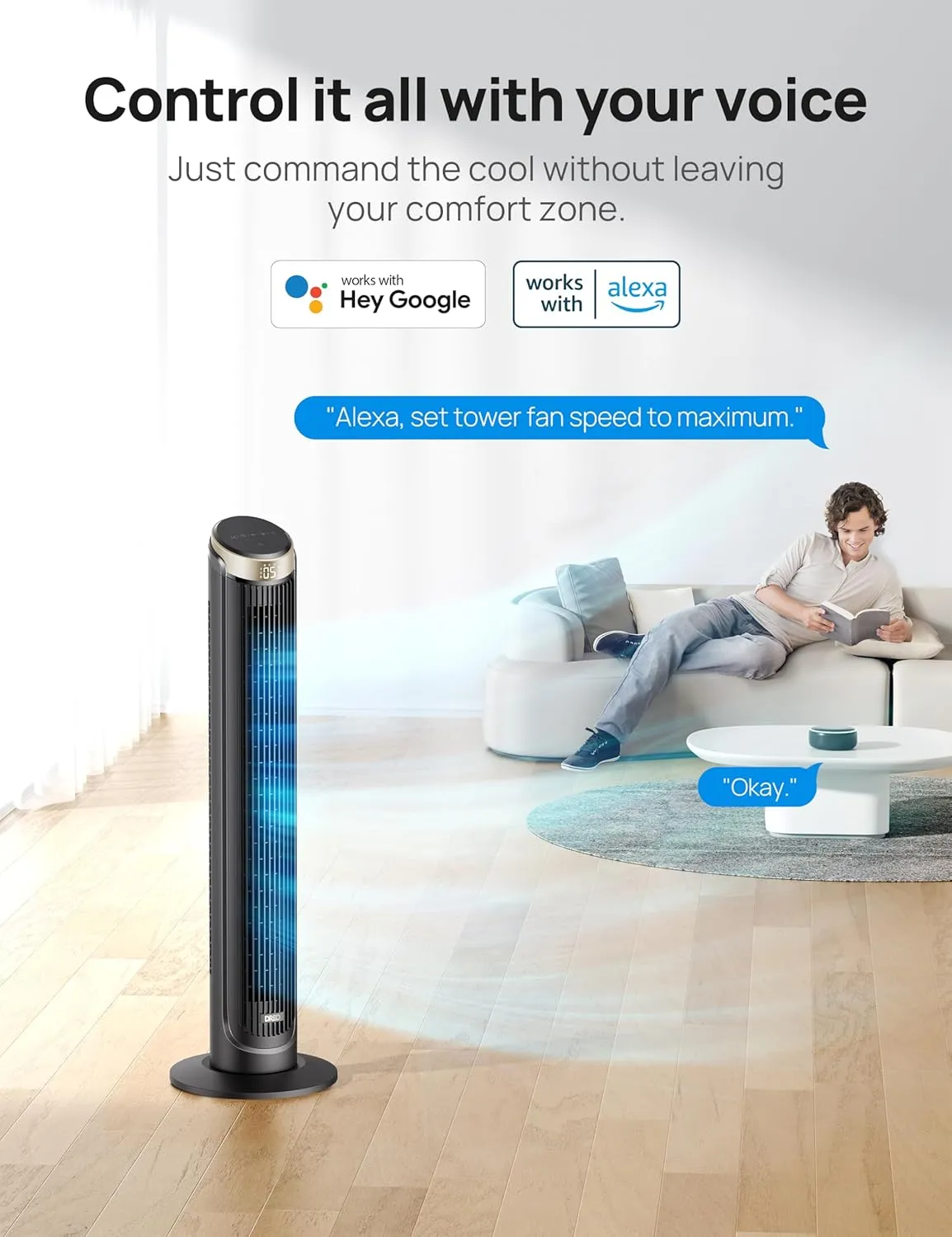 Dreo 40'' WiFi Tower Fan, 26ft/s High-Speed Cooling, Quiet Floor Fan with Remote, 90 Oscillating Fan, 4 Modes, 12H Timer, Touch Control, Standing Cooling Fan for Bedroom, Home, Office Room, Gold