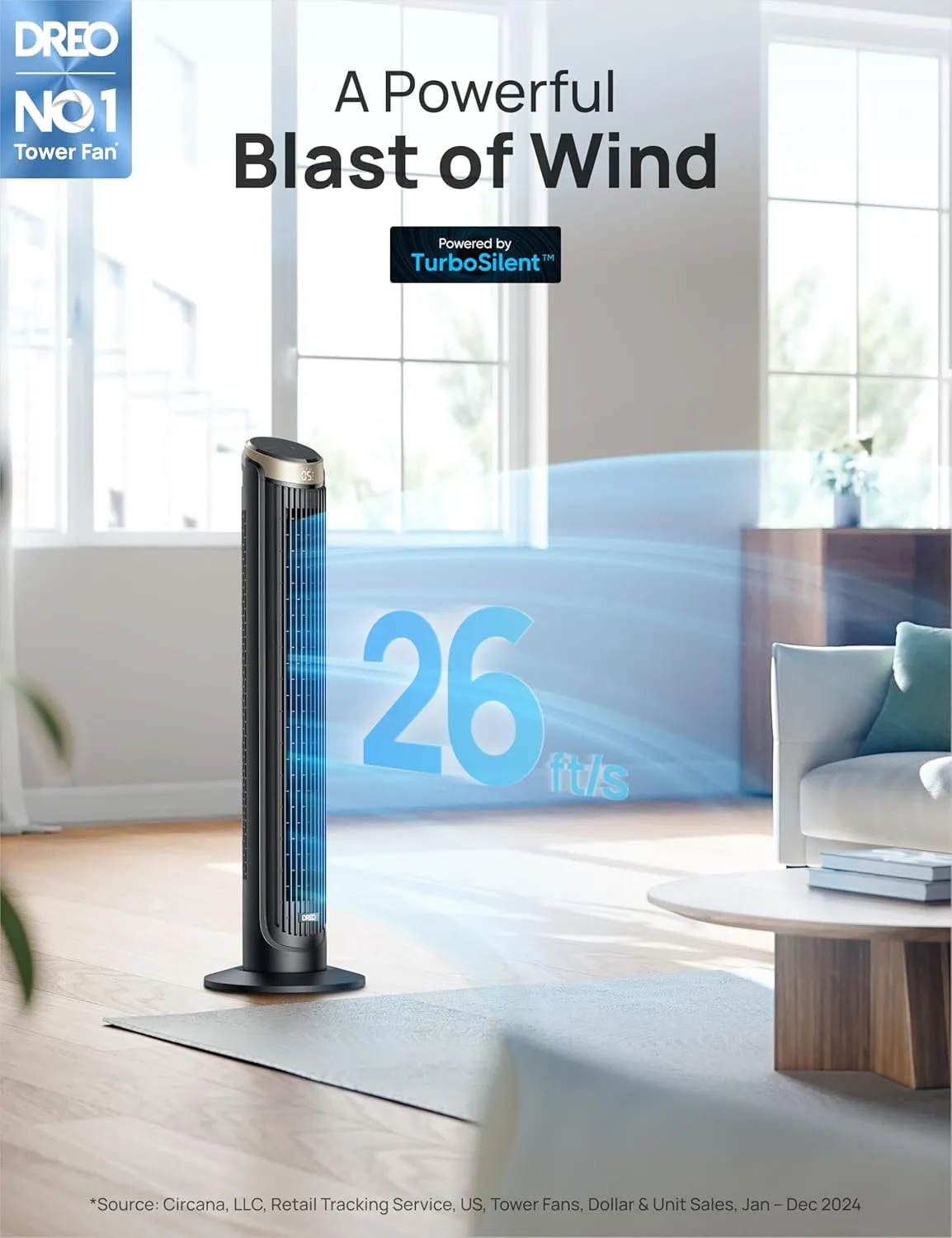 Dreo 40'' WiFi Tower Fan, 26ft/s High-Speed Cooling, Quiet Floor Fan with Remote, 90 Oscillating Fan, 4 Modes, 12H Timer, Touch Control, Standing Cooling Fan for Bedroom, Home, Office Room, Gold