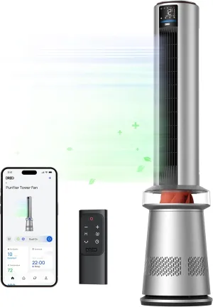Dreo Air Purifier Tower Fan, 45" 2-in-1 Smart Fan for Bedroom, 27ft/s Velocity, 120Oscillation, 24H Timer Bladeless Fans for Home, 25dB Low Noise, Standing Fan Works with Alexa, MC710S, Silver Orange Tower bladeless fan for modern homes