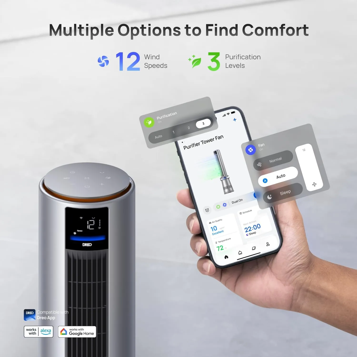 Dreo Air Purifier Tower Fan, 45" 2-in-1 Smart Fan for Bedroom, 27ft/s Velocity, 120Oscillation, 24H Timer Bladeless Fans for Home, 25dB Low Noise, Standing Fan Works with Alexa, MC710S, Silver Orange