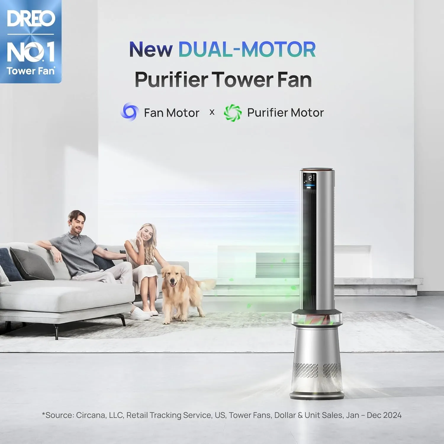 Dreo Air Purifier Tower Fan, 45" 2-in-1 Smart Fan for Bedroom, 27ft/s Velocity, 120Oscillation, 24H Timer Bladeless Fans for Home, 25dB Low Noise, Standing Fan Works with Alexa, MC710S, Silver Orange