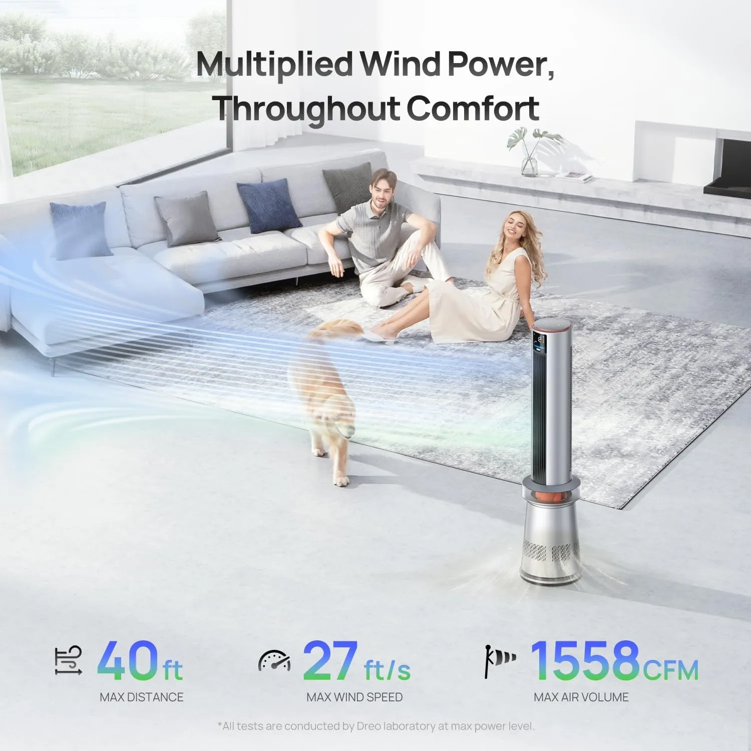 Dreo Air Purifier Tower Fan, 45" 2-in-1 Smart Fan for Bedroom, 27ft/s Velocity, 120Oscillation, 24H Timer Bladeless Fans for Home, 25dB Low Noise, Standing Fan Works with Alexa, MC710S, Silver Orange