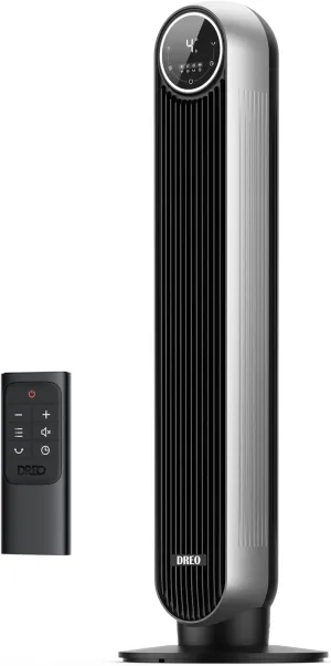 Dreo Bladeless Tower Fan - 25ft/s, 4 Speeds, 4 Modes, 90 Oscillation, 8H Timer, Ultra Quiet for Bedroom, Indoors, Silver (Nomad One) Desktop fan with humidification feature