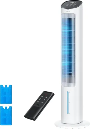 Dreo Evaporative Air Cooler, 40 Standing Fans that Blow Cold Air, 80 Oscillating Bladeless Cooling Fan for Bedroom, Swamp Cooler, Removable Water Tank, Ice Pack, Remote, 3 Mode 4-Speed, White Tower bladeless fan for modern homes