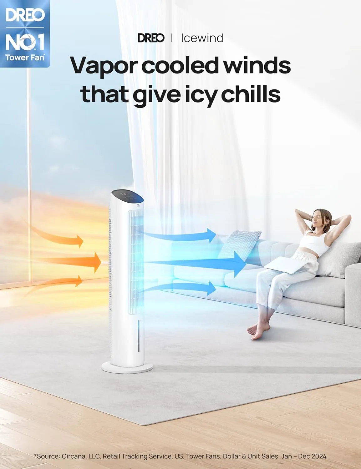 Dreo Evaporative Air Cooler, 40 Standing Fans that Blow Cold Air, 80 Oscillating Bladeless Cooling Fan for Bedroom, Swamp Cooler, Removable Water Tank, Ice Pack, Remote, 3 Mode 4-Speed, White
