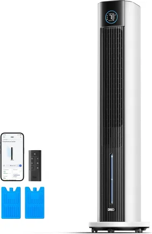 Dreo Evaporative Air Swamp Cooler, 43" Cooling Fans that Blow Cold Air 2025 Upgraded, 85 Oscillating Floor Fan for Bedroom, Easy Cleaning, APP Control, Ice Packs, 4 Speeds & 4 Modes, 12H Timer, White Tower bladeless fan for modern homes