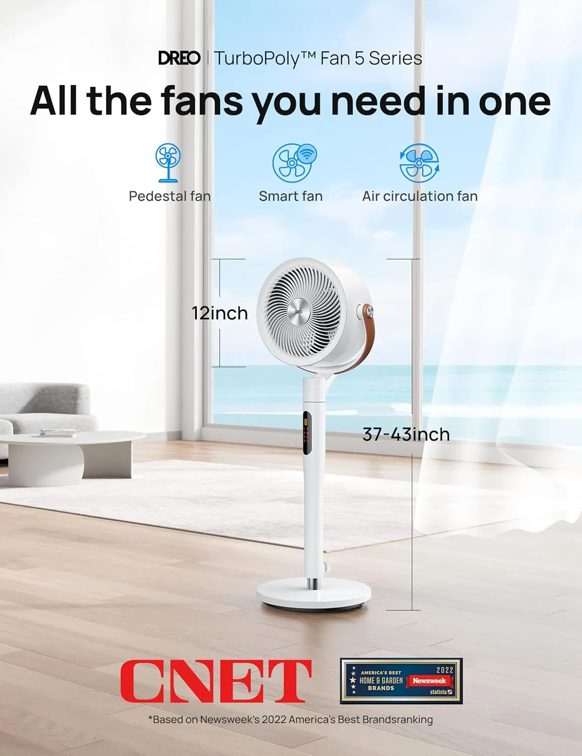 Dreo Fan for Bedroom, 100ft Standing Fan for Home, 120 105 Smart Oscillating Pedestal Fans with Wi-Fi/Voice Control, DC Motor, 43'' Quiet Fan, 6 Modes, 8 Speeds, Adjustable Height, PolyFan 513S