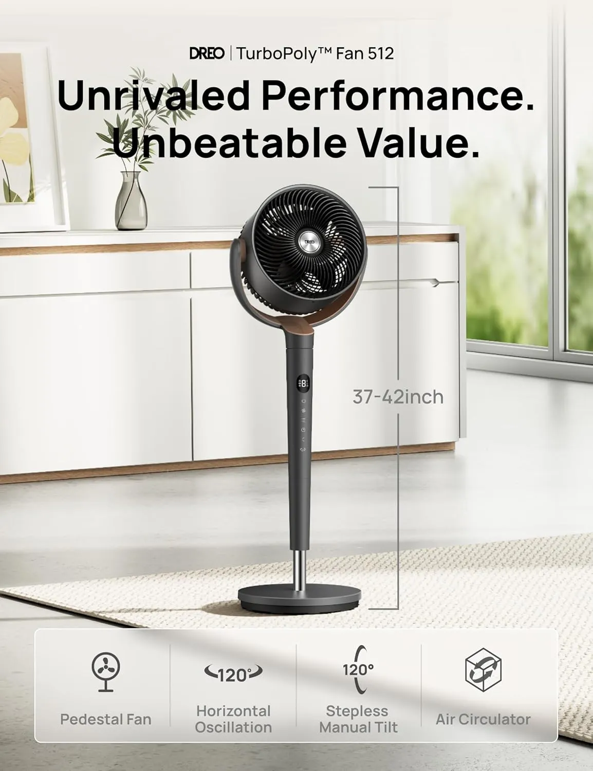 Dreo Fan for Bedroom, 120 Oscillating Standing Fan, DC Motor, Quiet Pedestal Fans, 9 Speeds, 4 modes, 20dB Low Noise, Floor Fan for Whole Room, 37-42'' Adjustable Height, 9H Timer
