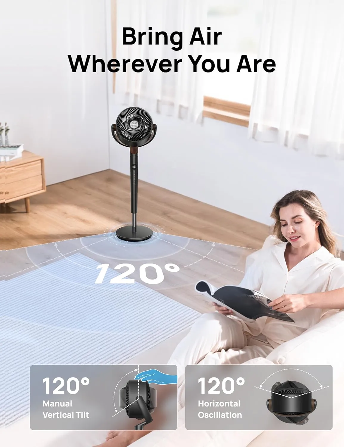 Dreo Fan for Bedroom, 120 Oscillating Standing Fan, Quiet Floor Fan with DC Motor, Pedestal Fan for Room, 8 Speeds, 3 modes, 20dB, 120 Manual Vertical, 35-40" Adjustable Height, 8H Timer, Black
