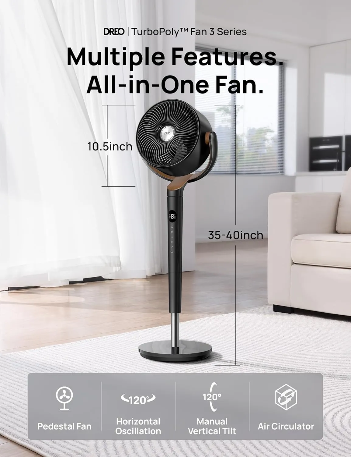 Dreo Fan for Bedroom, 120 Oscillating Standing Fan, Quiet Floor Fan with DC Motor, Pedestal Fan for Room, 8 Speeds, 3 modes, 20dB, 120 Manual Vertical, 35-40" Adjustable Height, 8H Timer, Black