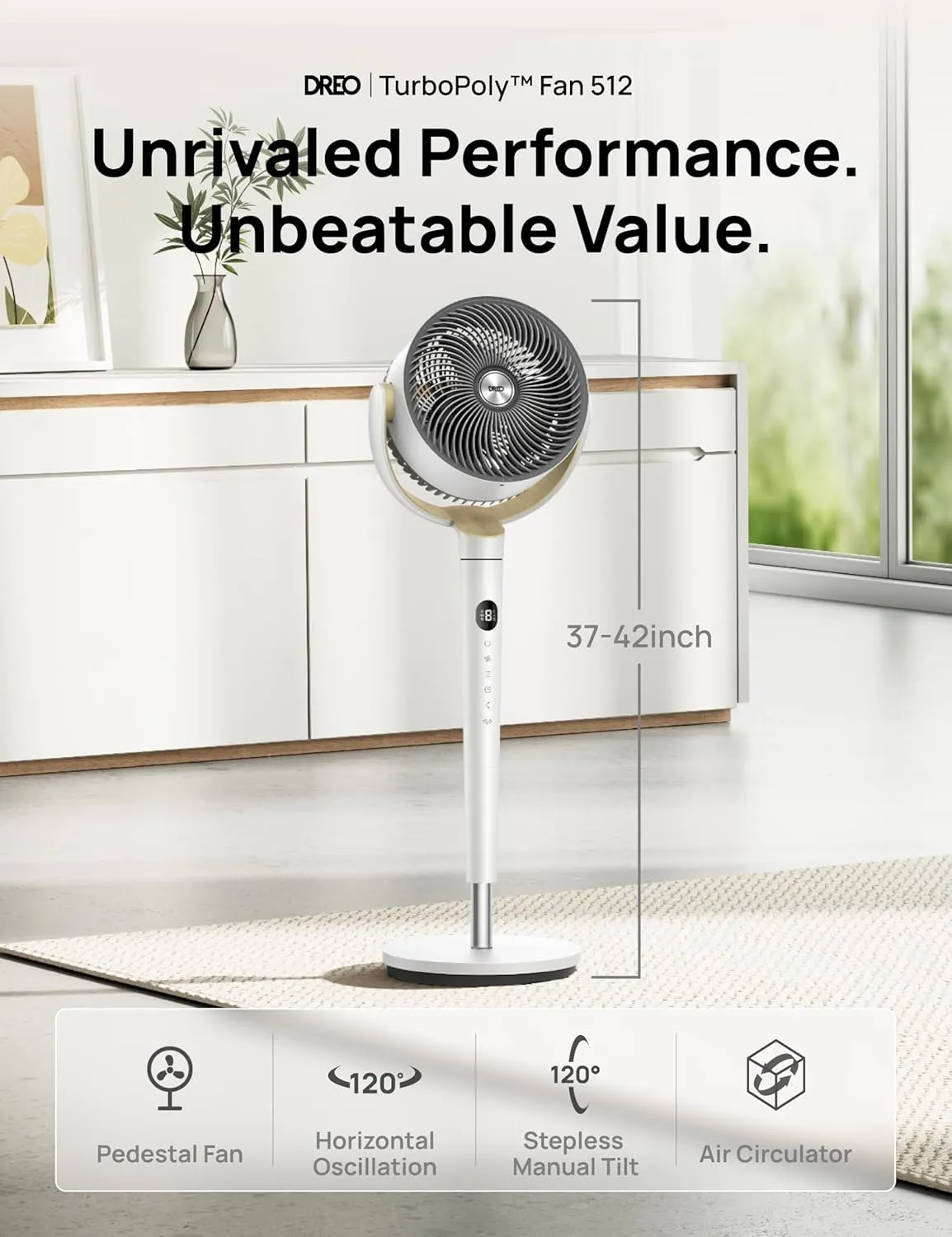Dreo Fan for Bedroom, 120 Oscillating Standing Fan, Quiet Pedestal Fan with DC Motor, 9 Speeds, 4 modes, 20dB, 120 Manual Vertical, 37-42" Adjustable Height, 9H Timer, White