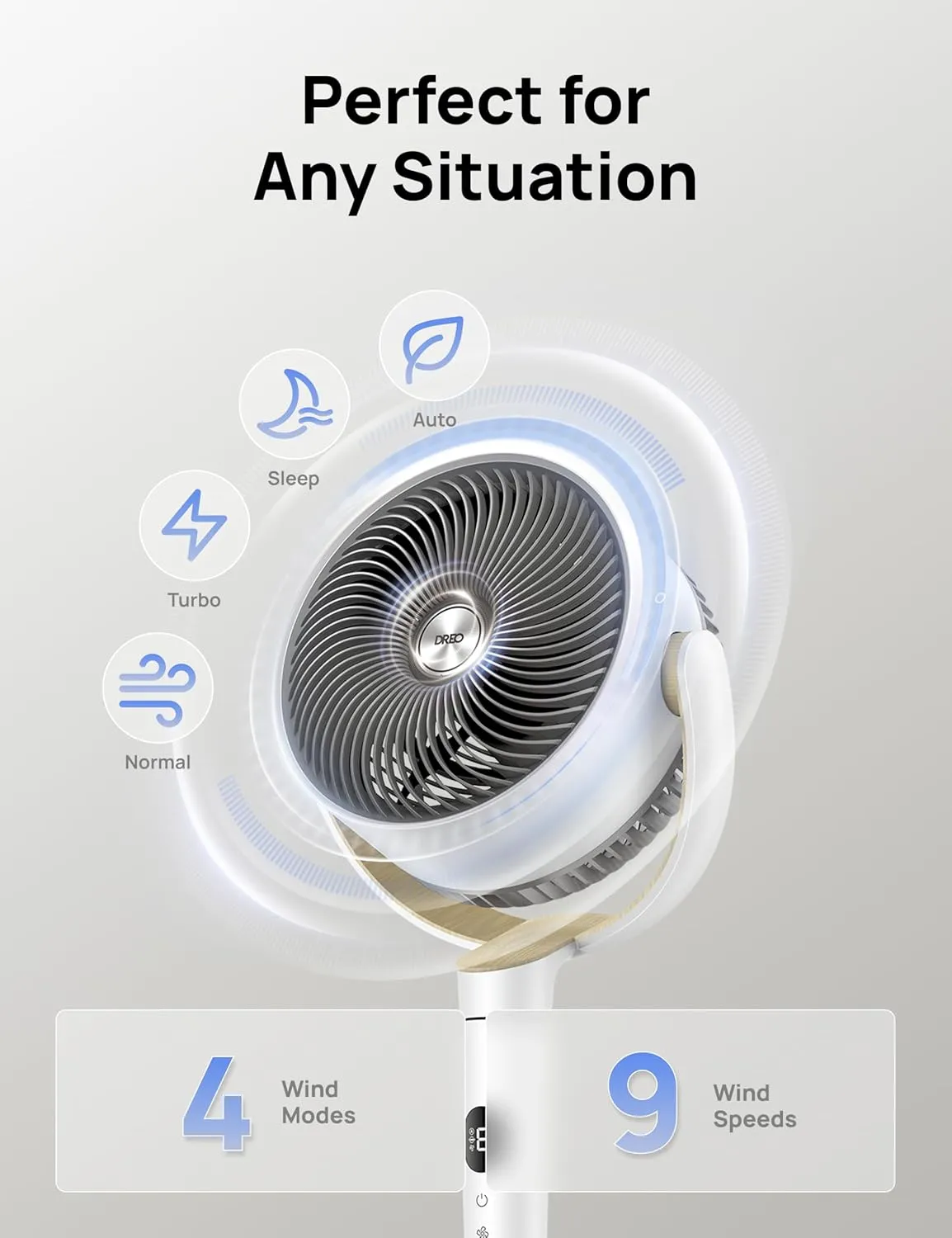 Dreo Fan for Bedroom, 120 Oscillating Standing Fan, Quiet Pedestal Fan with DC Motor, 9 Speeds, 4 modes, 20dB, 120 Manual Vertical, 37-42" Adjustable Height, 9H Timer, White